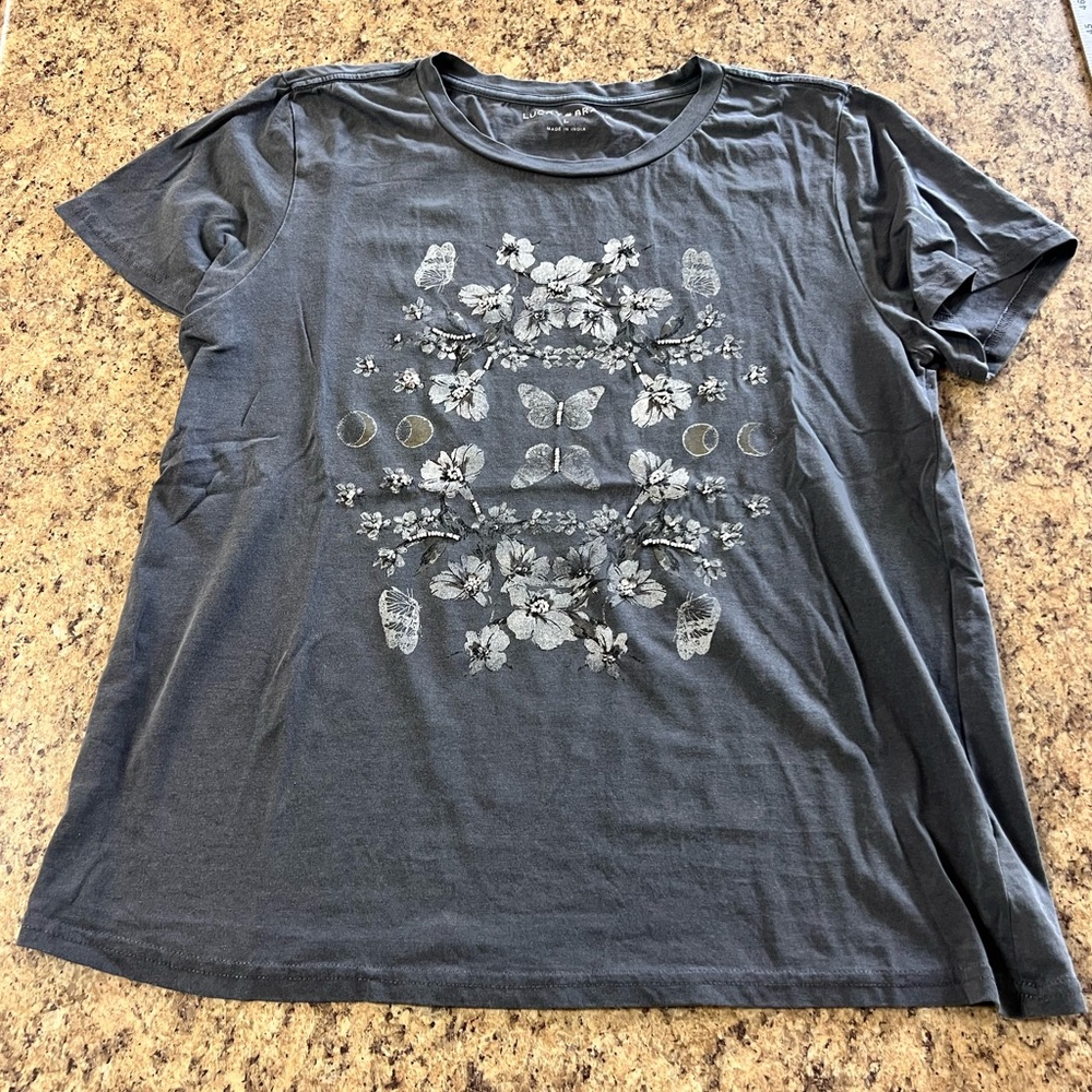 Lucky Brand vintage wash Floral Butterfly nature Graphic Tee shirt Slate Gray L